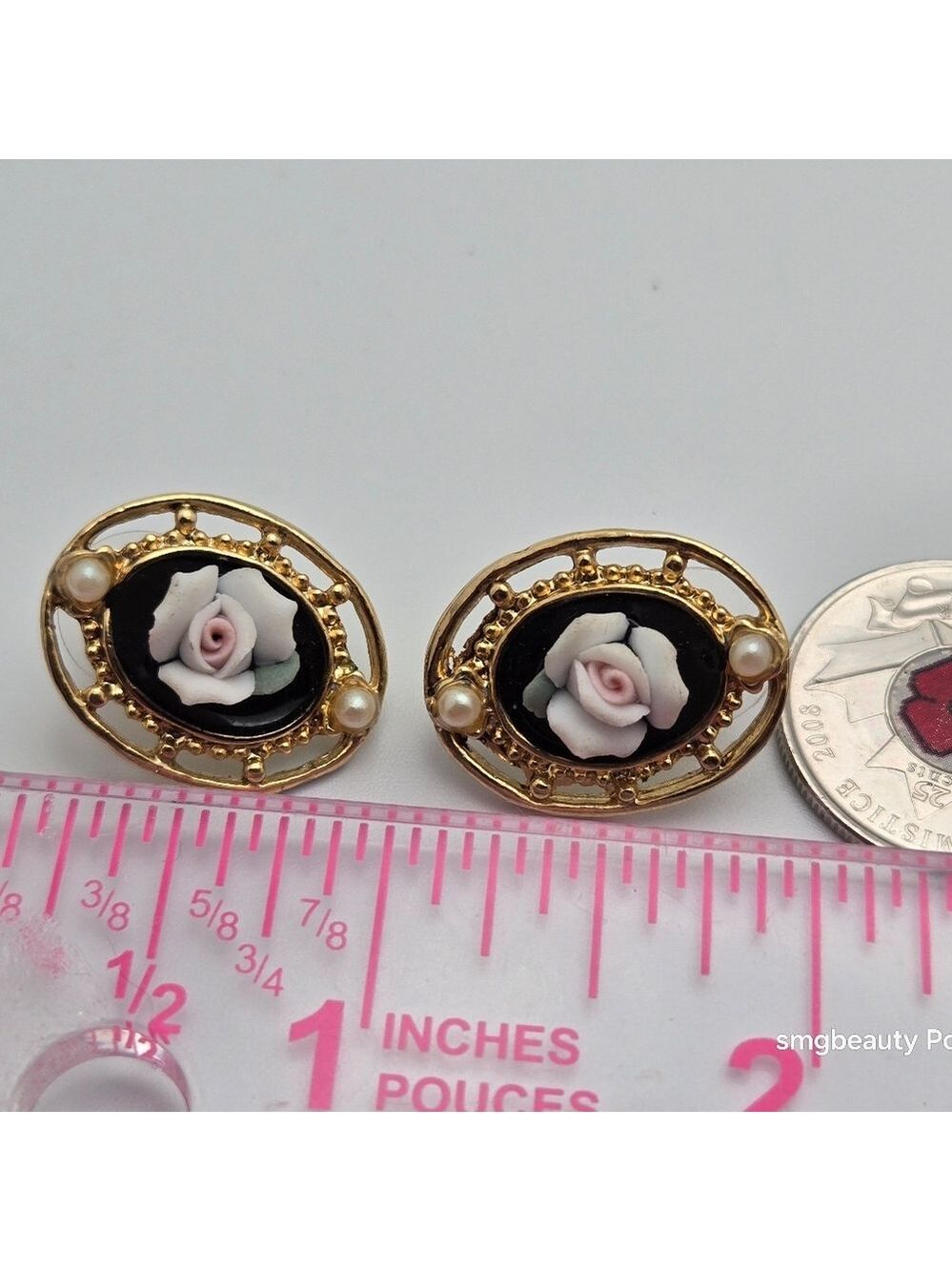 Cameo Flower Earrings w/Faux Pearl Oval Studs Vintage 3D - Picture 4 of 8